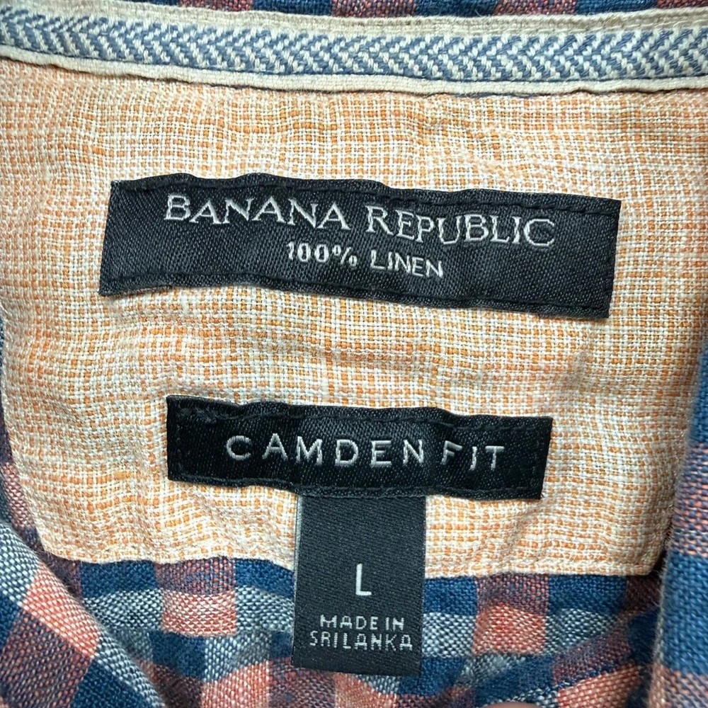 Banana Republic Camden Fit Shirt Mens Large‎ Orange Gingham 100% Linen Button Up